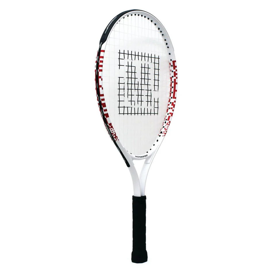 The Mastersport Tennis Racket by Mastersport features a white frame with black grip, red accents, an oversized head, and black strings arranged in a bold W pattern at the center.