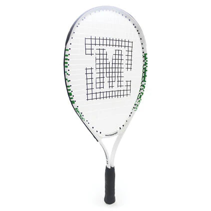 The Mastersport Tennis Racket by Mastersport features a white frame, black handle, green accents, and an oversized head. Its strings form an "M" in the center, making it ideal for educational environments.