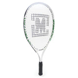 The Mastersport Tennis Racket by Mastersport features a white frame, black handle, green accents, and an oversized head. Its strings form an "M" in the center, making it ideal for educational environments.