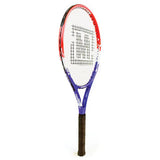The Mastersport Tennis Racket by Mastersport features a black grip, blue and purple handle, and red, white, and blue frame. Its oversized head suits beginners in educational settings, with centrally squared strings for easy learning.
