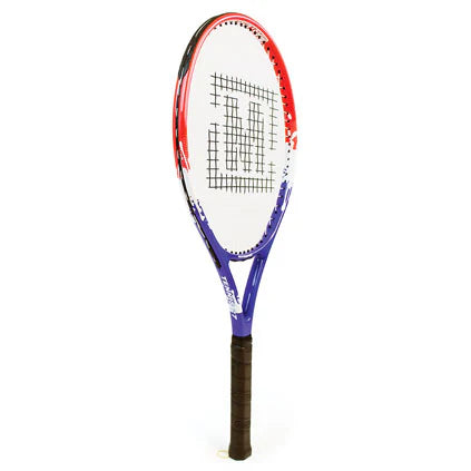 The Mastersport Tennis Racket by Mastersport features a black grip, blue and purple handle, and red, white, and blue frame. Its oversized head suits beginners in educational settings, with centrally squared strings for easy learning.