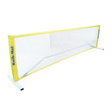 The Bishop Sports Kwik Net is a portable badminton net with a yellow border, white mesh, and sturdy white metal frame for easy setup. The Bishop Sports logo appears on the border. Also ideal as a mini tennis net for versatile play.