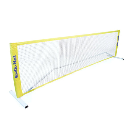 The Bishop Sports Kwik Net is a portable badminton net with a yellow border, white mesh, and sturdy white metal frame for easy setup. The Bishop Sports logo appears on the border. Also ideal as a mini tennis net for versatile play.