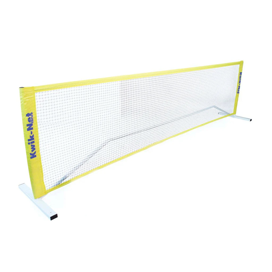 The Bishop Sports Kwik Net is a portable badminton net with a yellow border, white mesh, and sturdy white metal frame for easy setup. The Bishop Sports logo appears on the border. Also ideal as a mini tennis net for versatile play.