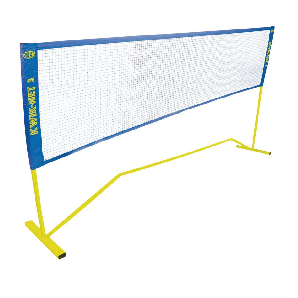 The Wilks Wilkes Kwik Net is a freestanding portable net system with a white mesh, blue top/sides, and yellow frame/legs. "KWIK NET 3" appears in yellow on the side panels for easy assembly and quick setup.