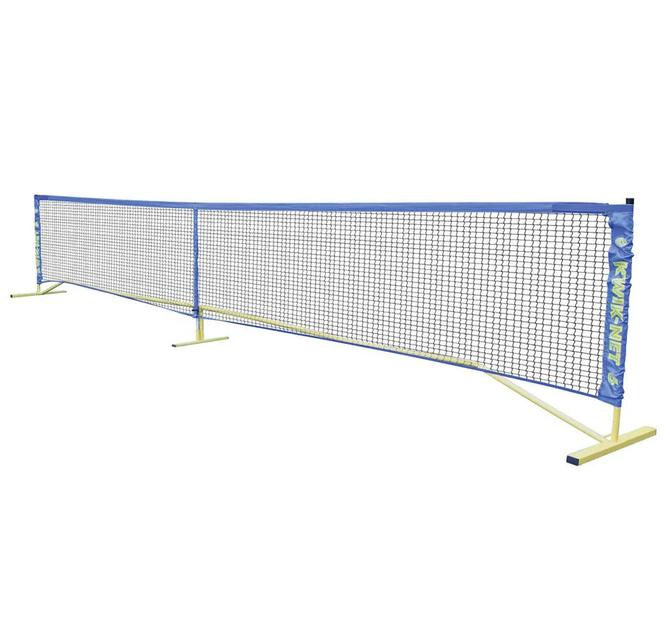 The Wilks Kwik Net is a portable blue and yellow multi-sport net with a mesh center and sturdy metal stands, designed for quick assembly on different surfaces.