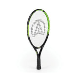 The Aresson Vision X Tennis Racket by Aresson, shown upright on a white background, features a black and green frame with a white string bed and a bold A logo—perfect for educational settings.