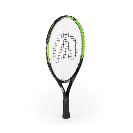 The Aresson Vision X Tennis Racket by Aresson, shown upright on a white background, features a black and green frame with a white string bed and a bold A logo—perfect for educational settings.