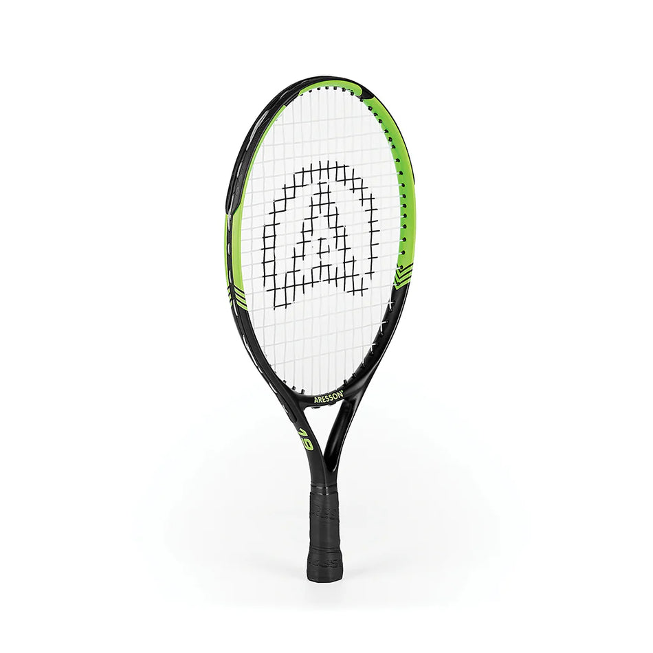 The Aresson Vision X Tennis Racket by Aresson, shown upright on a white background, features a black and green frame with a white string bed and a bold A logo—perfect for educational settings.