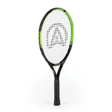 The Aresson Vision X Tennis Racket by Aresson, in black and green with white strings and a center logo, stands upright against a white background—perfect for educational settings.