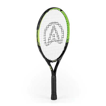 The Aresson Vision X Tennis Racket by Aresson, in black and green with white strings and a center logo, stands upright against a white background—perfect for educational settings.