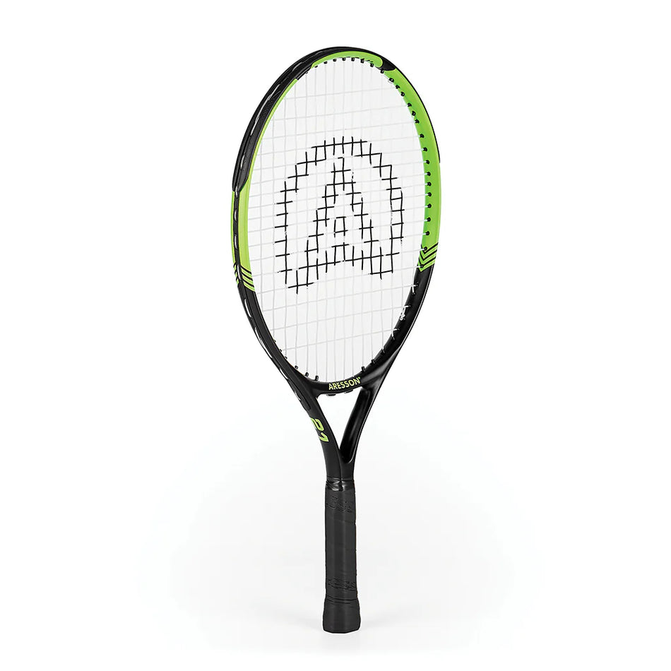 The Aresson Vision X Tennis Racket by Aresson, in black and green with white strings and a center logo, stands upright against a white background—perfect for educational settings.