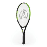 The Aresson Vision X Tennis Racket by Aresson features a black and green frame with a white string bed showing an "A" pattern, standing upright against a white background—perfect for educational use.