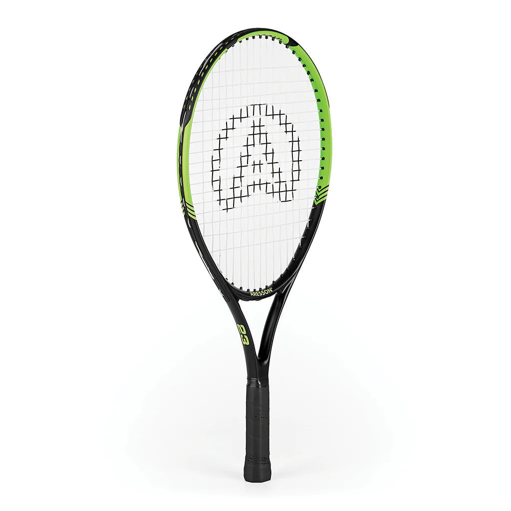 The Aresson Vision X Tennis Racket by Aresson features a black and green frame with a white string bed showing an "A" pattern, standing upright against a white background—perfect for educational use.