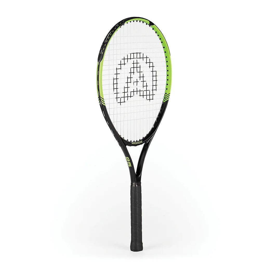 The Aresson Vision X Tennis Racket, by Aresson, features a black and green design with a white string bed and a large "A" logo on the strings—perfect for educational settings.