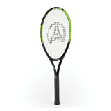 The Aresson Vision X Tennis Racket, by Aresson, features a black and green design with a white string bed and a large "A" logo on the strings—perfect for educational settings.