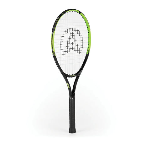 The Aresson Vision X Tennis Racket, by Aresson, features a black and green design with a white string bed and a large "A" logo on the strings—perfect for educational settings.