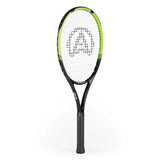The Aresson Vision X Tennis Racket by Aresson features a black and green design with a white string bed and large logo pattern, standing upright against a plain white background—ideal for educational use.