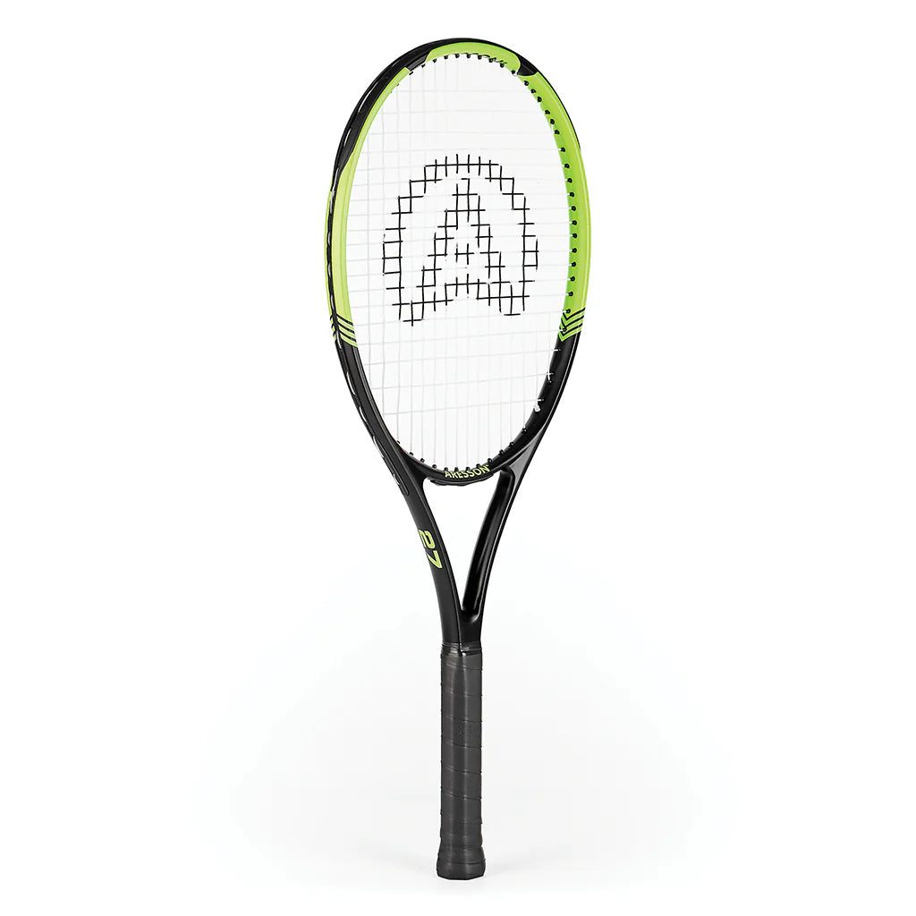 The Aresson Vision X Tennis Racket by Aresson features a black and green design with a white string bed and large logo pattern, standing upright against a plain white background—ideal for educational use.