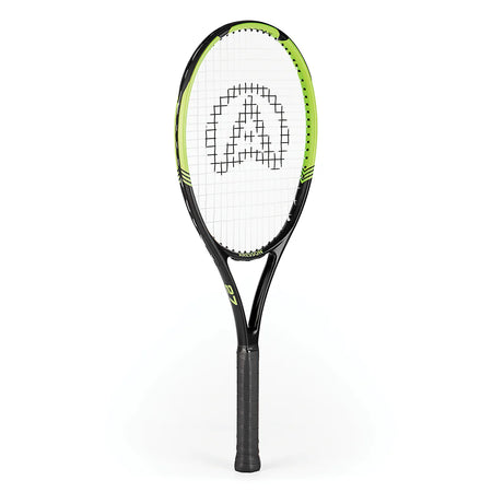 The Aresson Vision X Tennis Racket by Aresson features a black and green design with a white string bed and large logo pattern, standing upright against a plain white background—ideal for educational use.