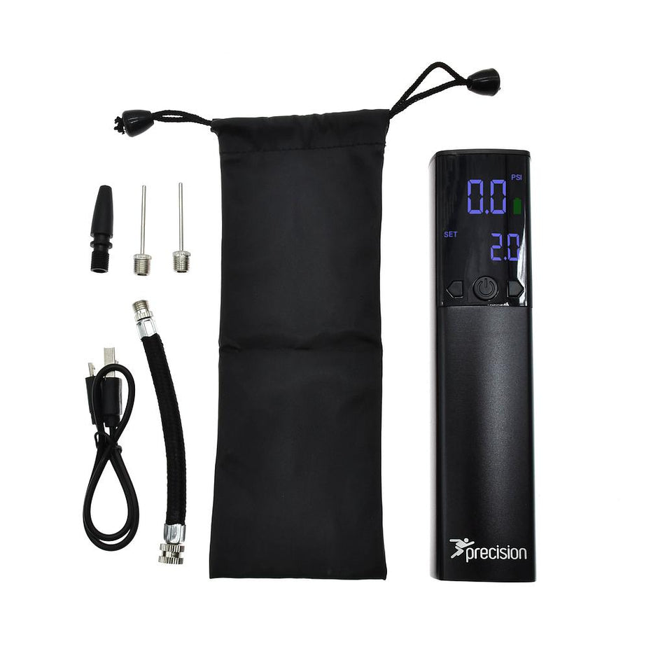 The Martin Berrill Sports Precision Rechargeable Electric Ball Pump kit includes an inflator with automatic PSI cut-off, display showing 0.0 and 2.0, a black pouch, two needle adapters, nozzle adapter, extension hose, USB cable, and two metal adapters.