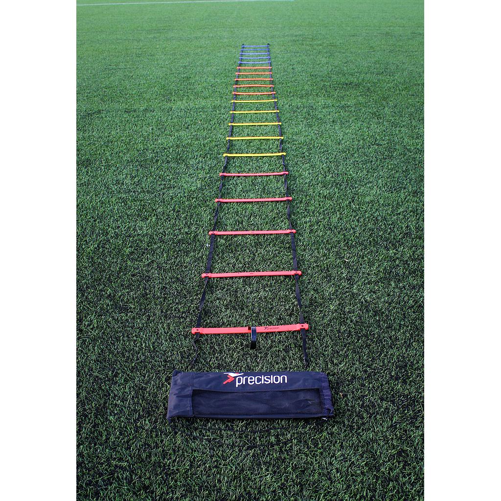 The Precision Training Speed Ladder with multicolored rungs is laid on green grass for footwork drills, and a black Precision Training bag sits at the end nearest the camera.