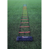 The Precision Training Speed Ladder with multicolored rungs is laid on green grass for footwork drills, and a black Precision Training bag sits at the end nearest the camera.