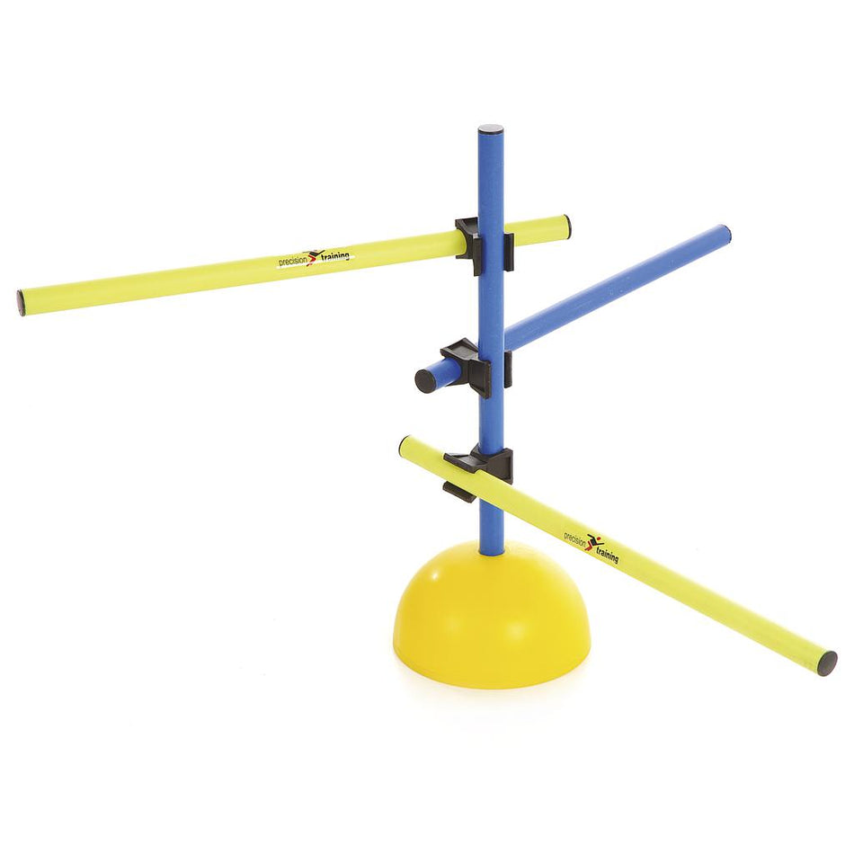 The Precision Training Precision Multi Jump Trainer Set is a plastic all-surface agility obstacle with a yellow dome base, vertical blue pole, and three blue/yellow foam bars set at varying heights and angles for circuit power and stability.
