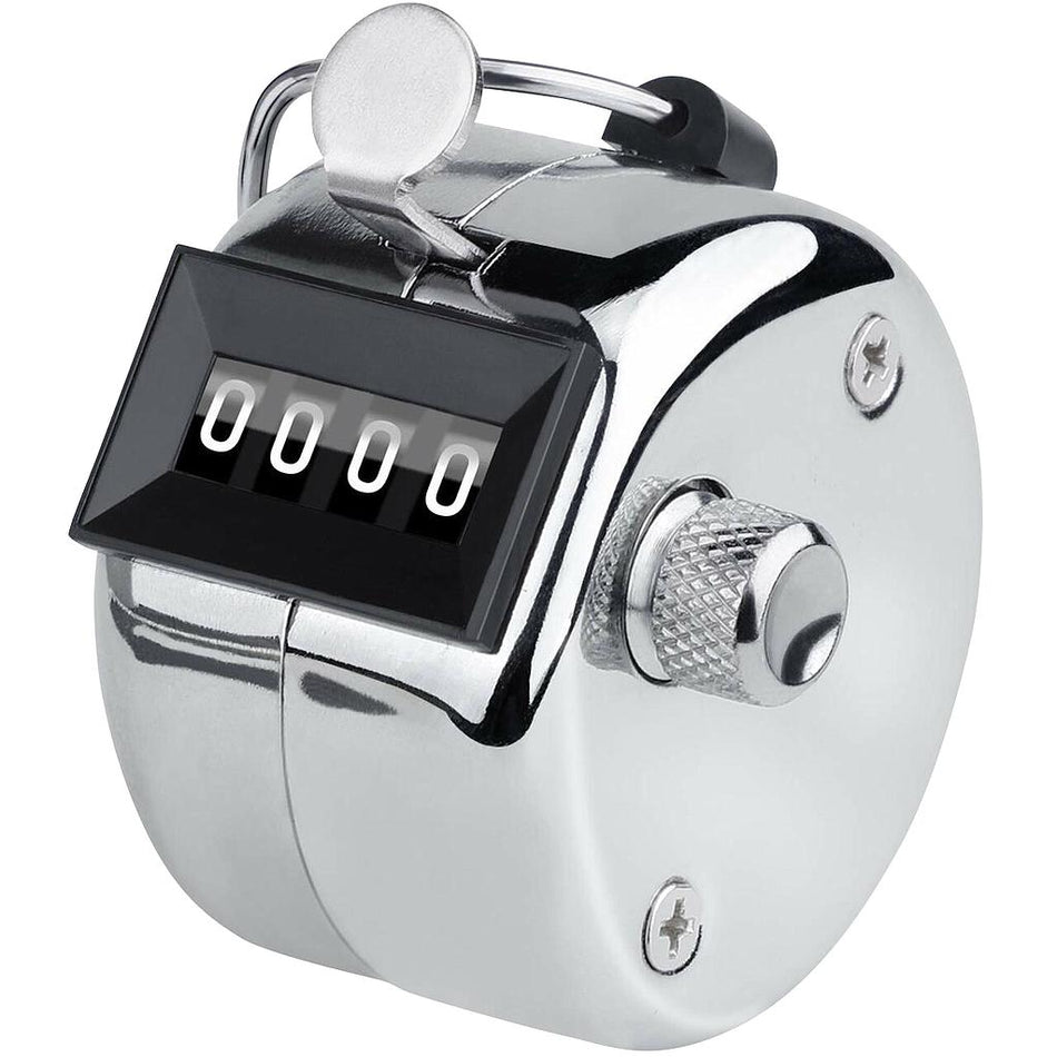 The Precision Training Precision Tally Counter is a handheld device featuring a black 0000 display and a silver button for single lever action counting.