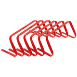The Precision Training Precision Flat Hurdles Set (Set of 6) features lightweight red hurdles, arranged in a staggered row, perfect for agility and running drills during athletic training.