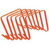 Six orange Precision Training Flat Hurdles from the Precision Flat Hurdles Set are made of lightweight bent plastic and arranged in a row with slight overlap on a white background.