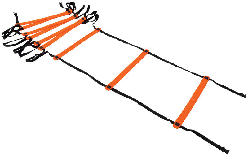 The Precision Neo Speed Ladder by Precision Training, in orange and black, features non-slip rungs and adjustable straps. Measuring 4m, it's ideal for indoor agility training and is shown on a white background.