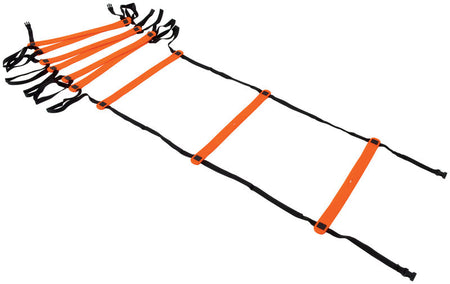 The Precision Neo Speed Ladder by Precision Training, in orange and black, features non-slip rungs and adjustable straps. Measuring 4m, it's ideal for indoor agility training and is shown on a white background.