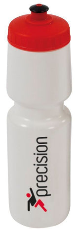 White 750ml Precision Water Bottle with a red pull-top lid and a logo printed on the side.