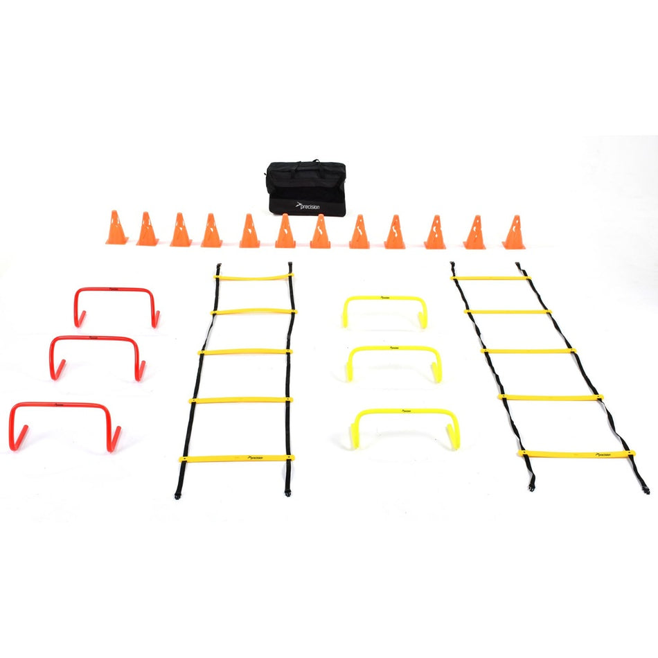 The Precision Junior Speed Agility Kit by Precision Training is displayed on a white background, featuring collapsible cones, red and yellow hurdles, two agility ladders, and a black carrying bag—ideal for versatile sports training.