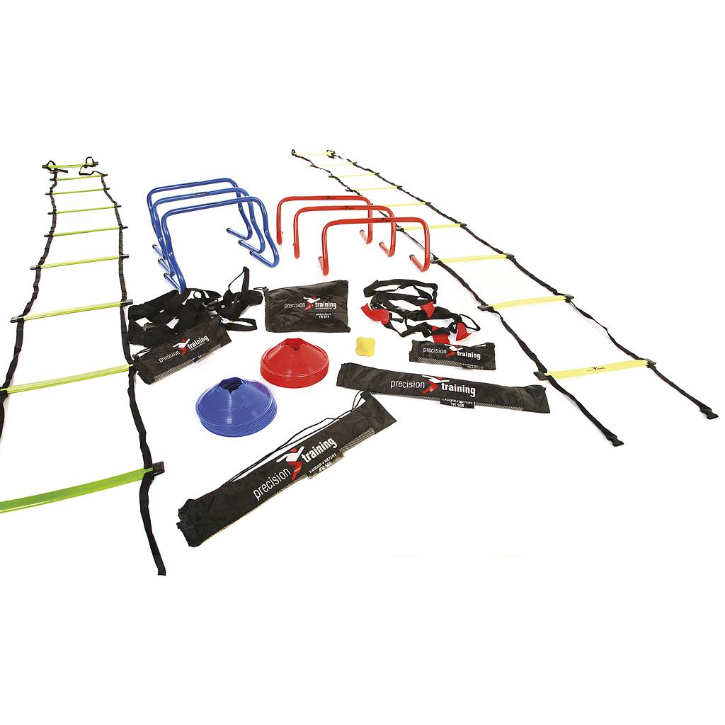 The Precision Training Precision Ultimate Speed Agility Kit features two ladders, blue and red cones, matching agility hurdles, yellow markers, a reaction ball, and black carry bags—all displayed on a white background.