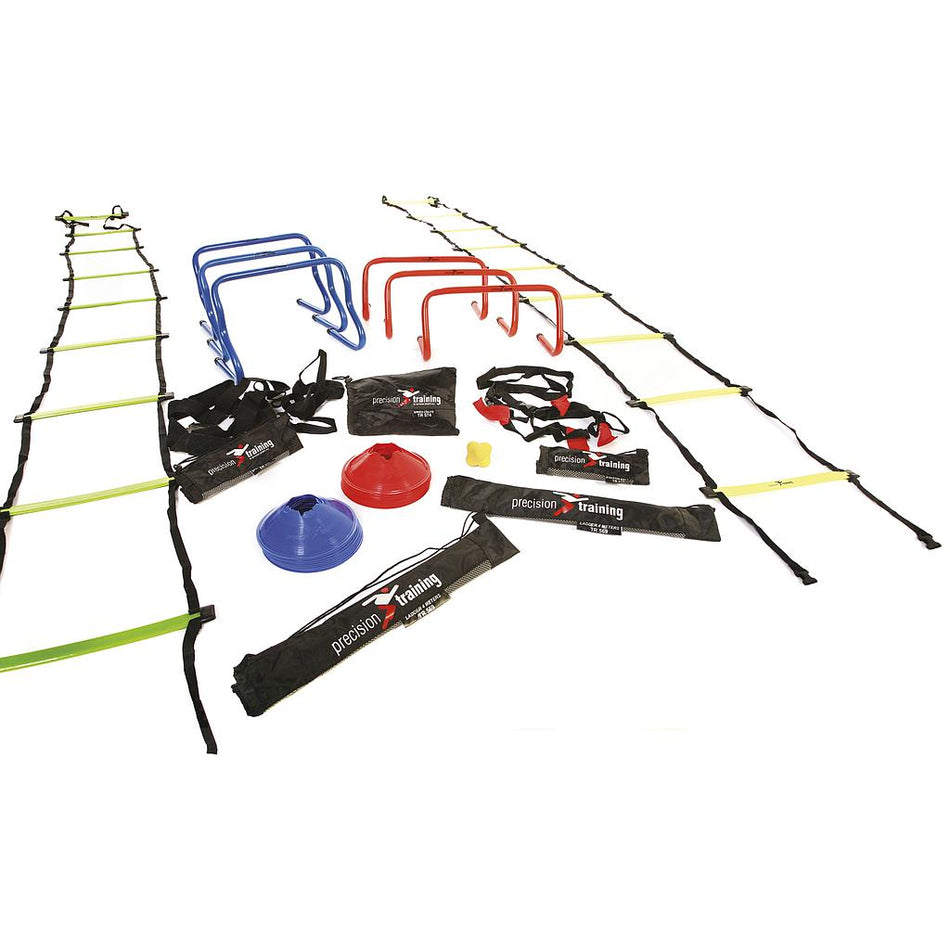 The Precision Training Precision Ultimate Speed Agility Kit features two ladders, blue and red cones, matching agility hurdles, yellow markers, a reaction ball, and black carry bags—all displayed on a white background.