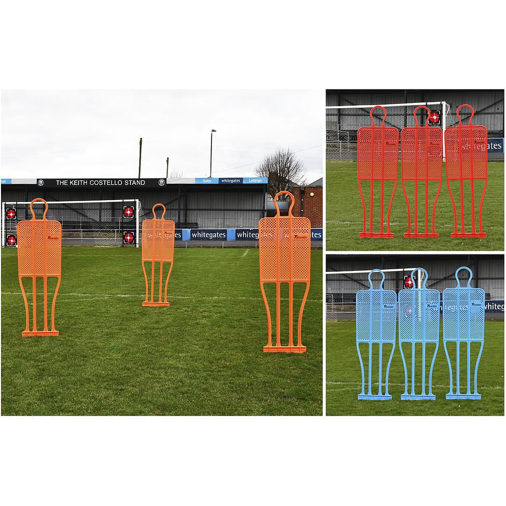 Four Precision Training Precision Pro Club Mannequins are set up on grass with a stadium behind, perfect for free kick drills. Insets feature three red and three blue mannequins, all Precision Pro Club, arranged for tactical training.