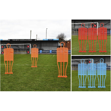 Four Precision Training Precision Pro Club Mannequins are set up on grass with a stadium behind, perfect for free kick drills. Insets feature three red and three blue mannequins, all Precision Pro Club, arranged for tactical training.