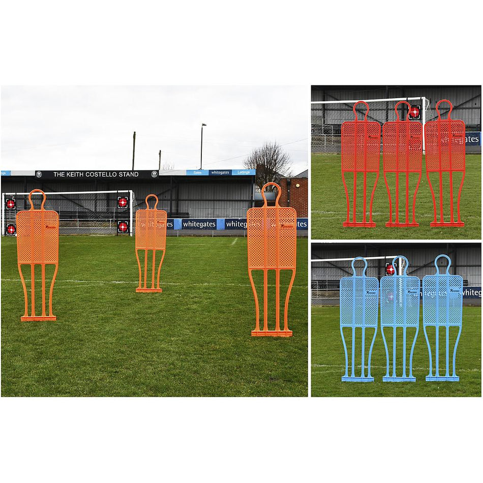 Four Precision Training Precision Pro Club Mannequins are set up on grass with a stadium behind, perfect for free kick drills. Insets feature three red and three blue mannequins, all Precision Pro Club, arranged for tactical training.