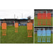 Four Precision Training Precision Pro Club Mannequins are set up on grass with a stadium behind, perfect for free kick drills. Insets feature three red and three blue mannequins, all Precision Pro Club, arranged for tactical training.