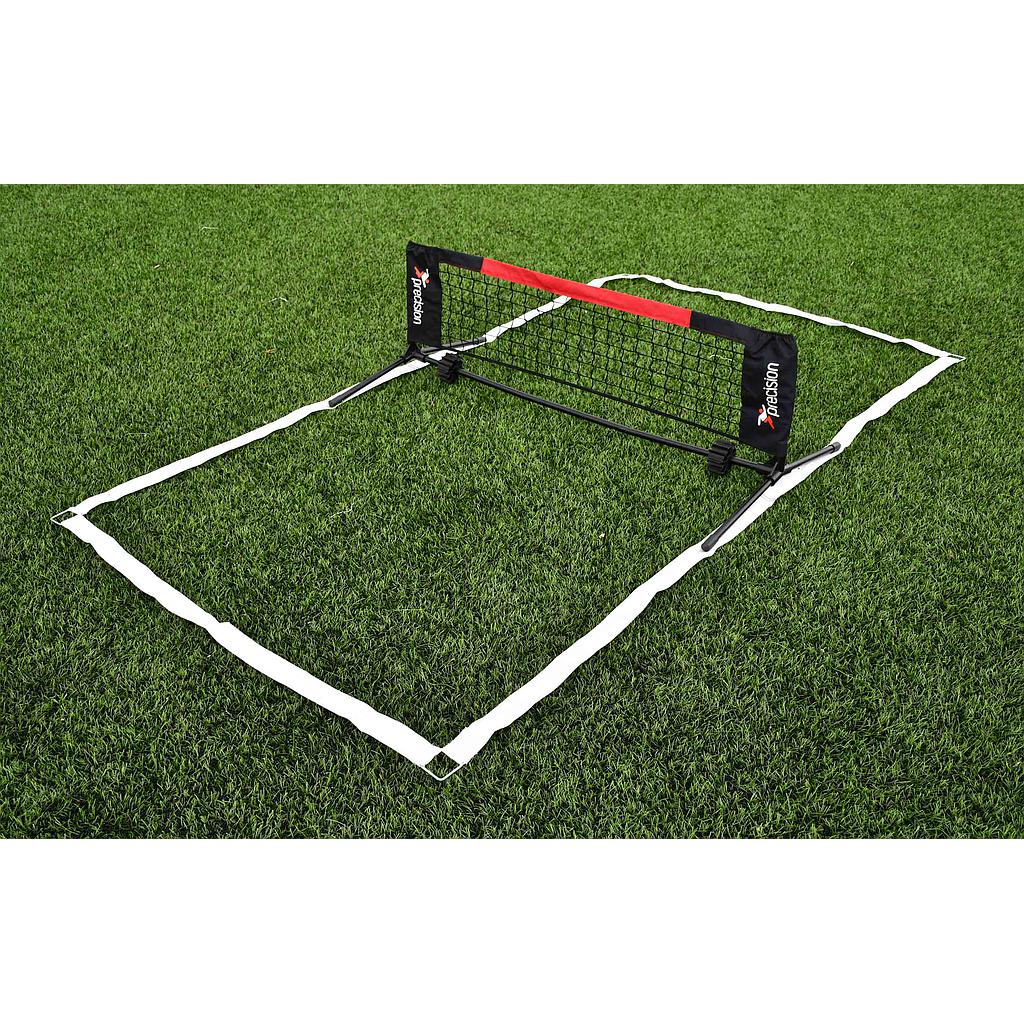 The Precision Mini Foot Tennis Set by Precision Training includes a collapsible black net with red and white branding and white boundary lines, which outline a small rectangular court for skill training on grass.