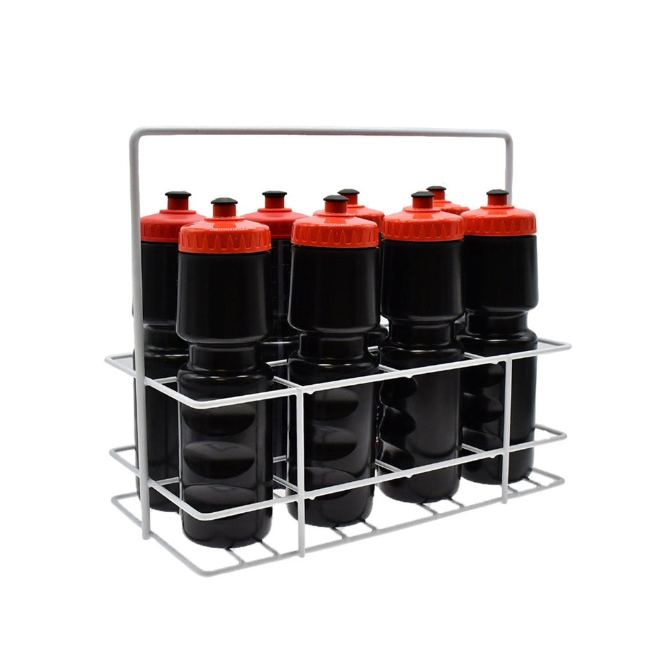 The Precision Training Precision Metal Bottle Carrier holds eight black sports water bottles with red caps, arranged in two rows of four, displayed against a plain white background.