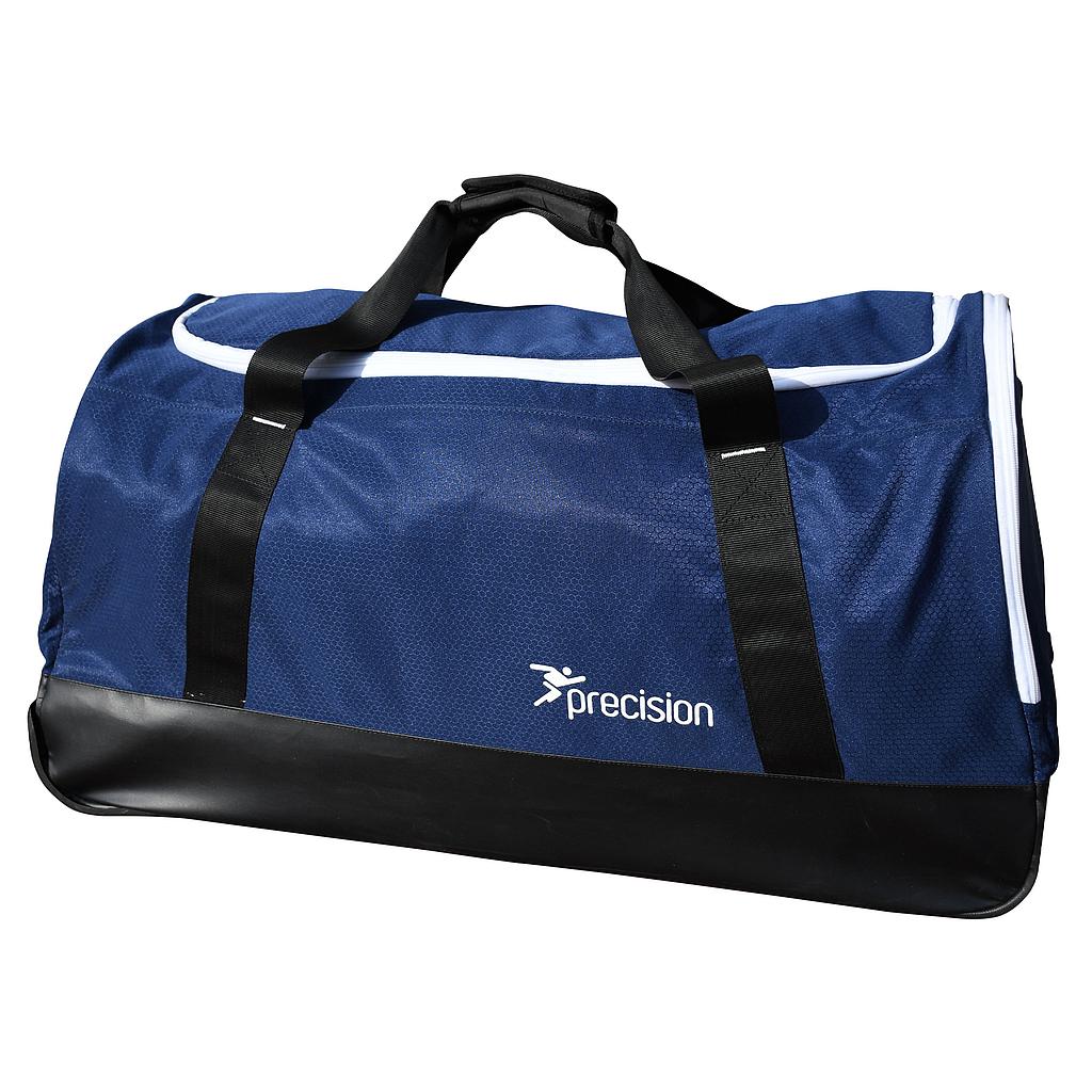 A spacious Navy/White Precision Pro HX Team Trolley Holdall Bag by Precision Training, featuring black handles, a sturdy black base, a white zipper, and the Precision logo with running figure printed on its durable side.