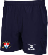 The Teign School Senior Leisure Short by Gilbert is a navy blue, lightweight short with the colorful school logo on the left leg and the white Gilbert logo on the right.