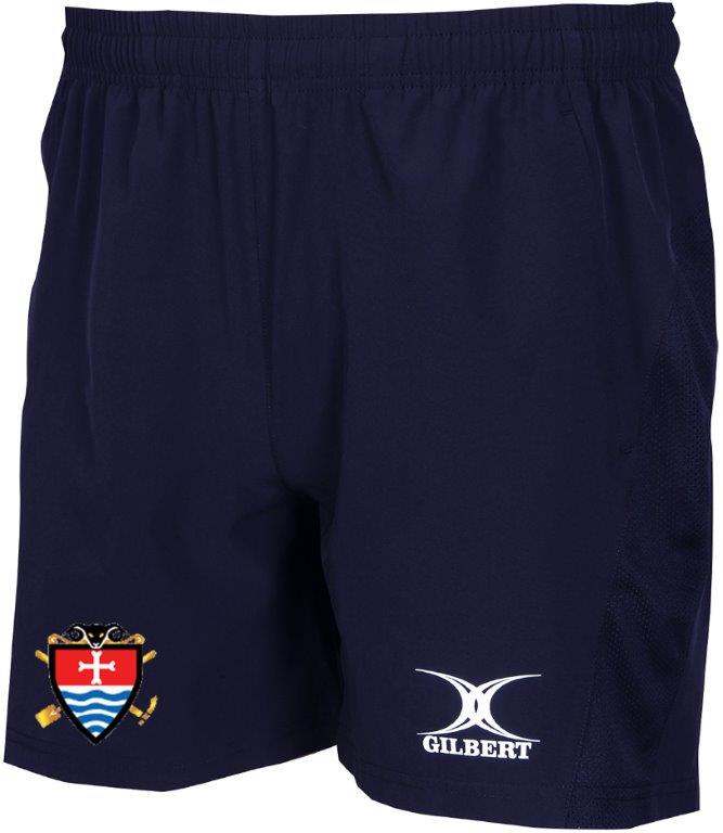 The Teign School Senior Leisure Short by Gilbert is a navy blue, lightweight short with the colorful school logo on the left leg and the white Gilbert logo on the right.