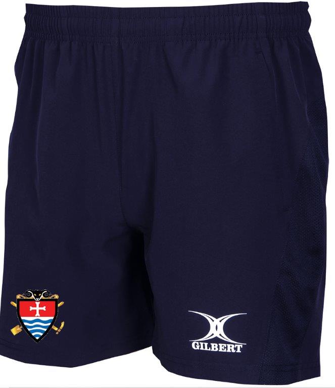 The Gilbert Teign School Womens Leisure Shorts are navy blue with an elastic waistband, a gold-detailed red and blue crest on the left leg, and the white GILBERT logo on the right—ideal for leisure or rugby.