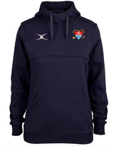 The Teign School Womens Photon Hoodie by Gilbert is a navy blue rugby hoodie with a drawstring, featuring a small emblem on the left chest and a white and red shield crest with blue stripes and gold accents on the right chest.