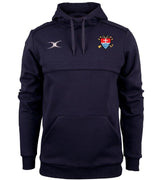 The Teign School Photon Senior Hoodie by Gilbert is a navy hooded sweatshirt with a front pocket, featuring an embroidered crest, Sixth Form Sport details, and a white Gilbert logo on the opposite side.