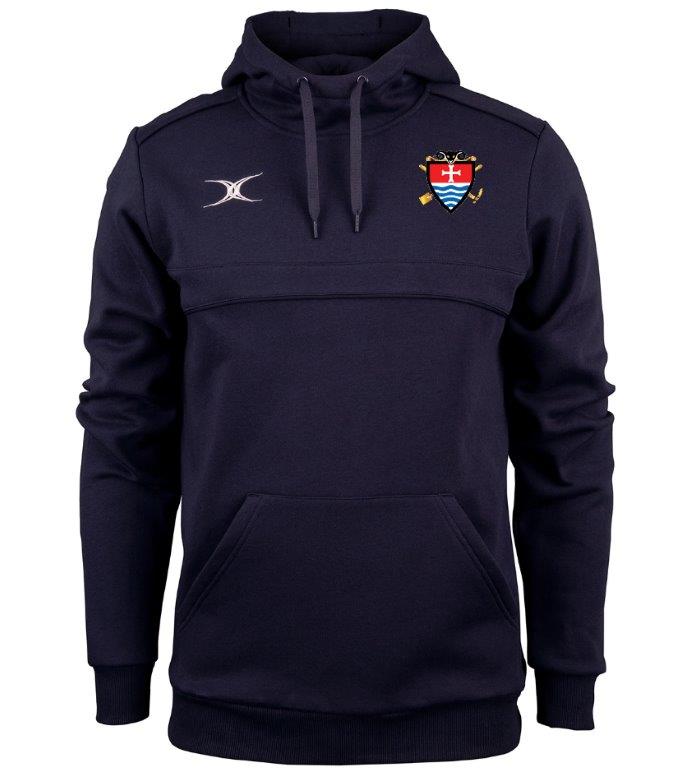 The Teign School Photon Senior Hoodie by Gilbert is a navy hooded sweatshirt with a front pocket, featuring an embroidered crest, Sixth Form Sport details, and a white Gilbert logo on the opposite side.